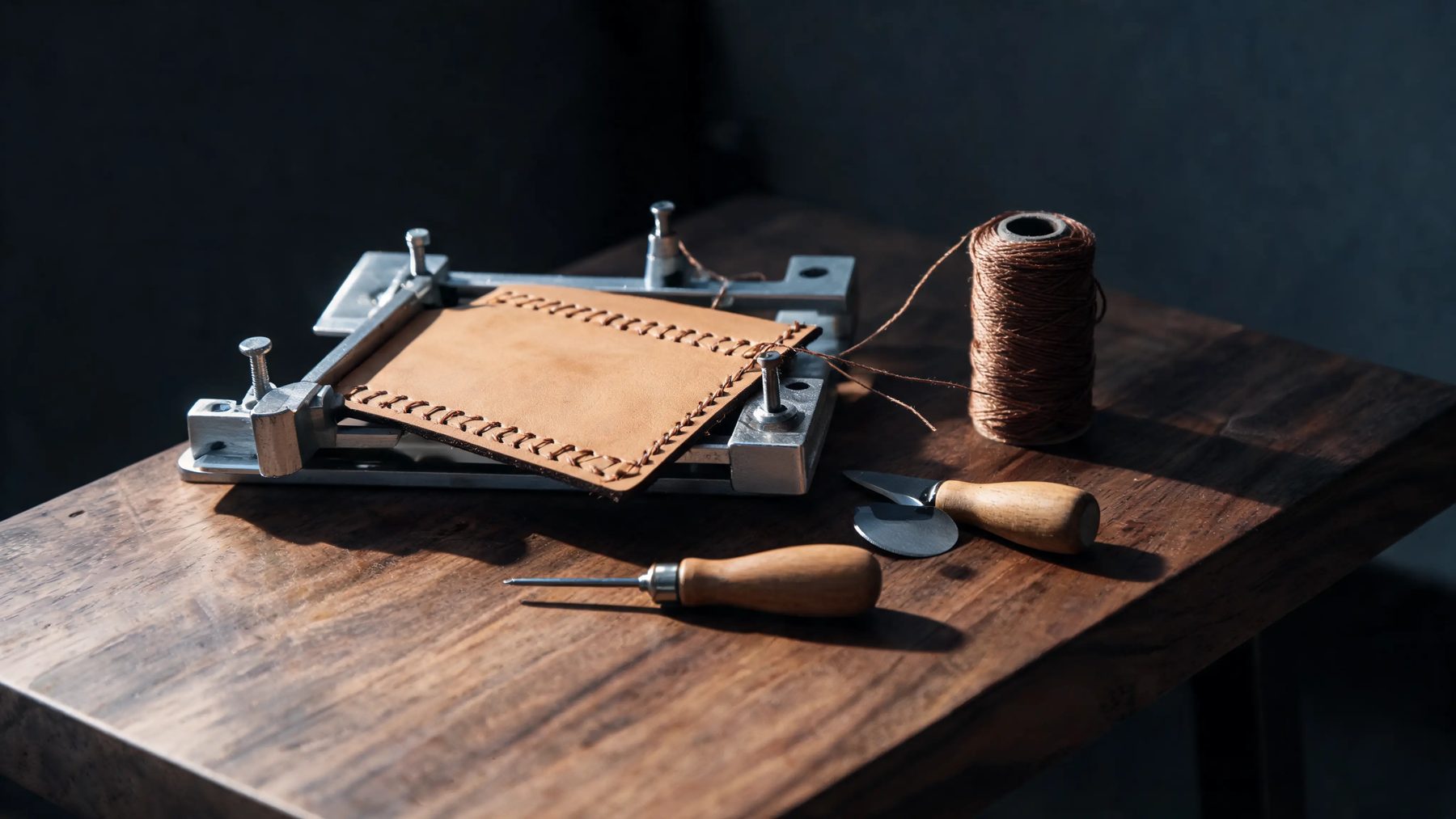 Workshop bench with a half-stitched panel in a clamp, waxed thread and a round knife